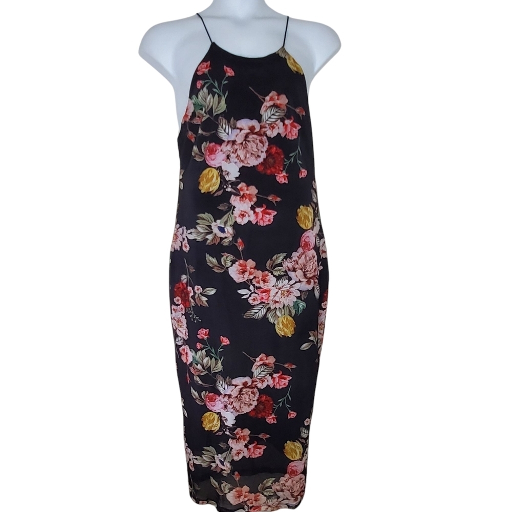 Dark Floral Halter Midi Dress Open Back XL Romantic Y2K Stretch Dinner Party